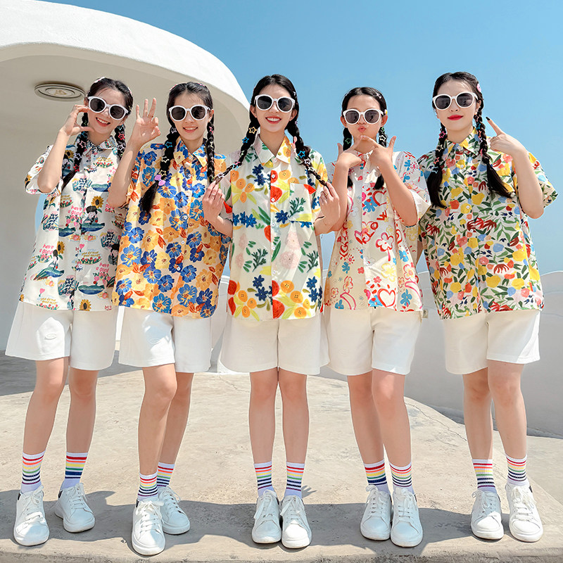 闺蜜装花衬衣减龄姐妹装团体活动拍照夏威夷三亚旅游多巴胺演出服