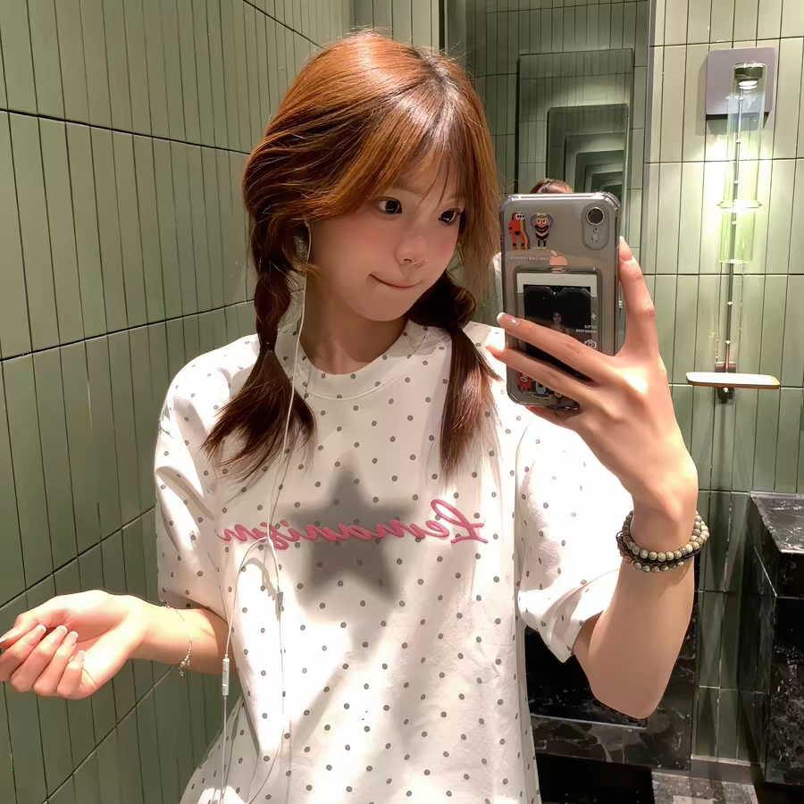 美式复古波点星星字母短袖t恤女大童夏季新爆款初中学生宽松上衣