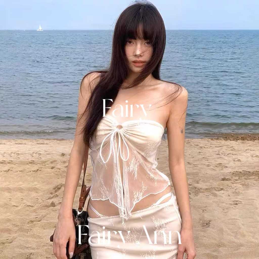 泰国小众高级感蕾丝抹胸分体比基尼度假性感显瘦长裙泡温泉泳衣女