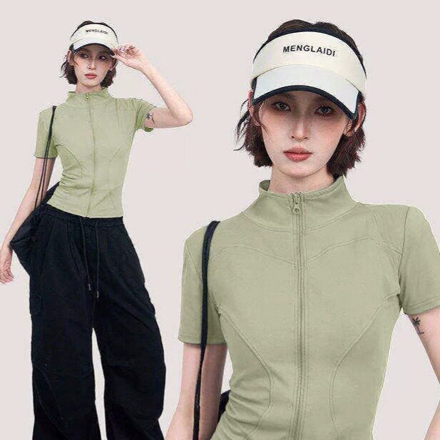 灰色瑜伽服运动短袖上衣女春夏收腰半高领修身短款正肩速干t恤