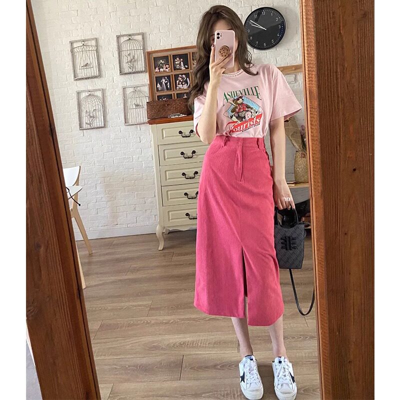 欧洲站2024夏季高级感高腰t恤上衣+开叉半身裙中长款显瘦套装裙女