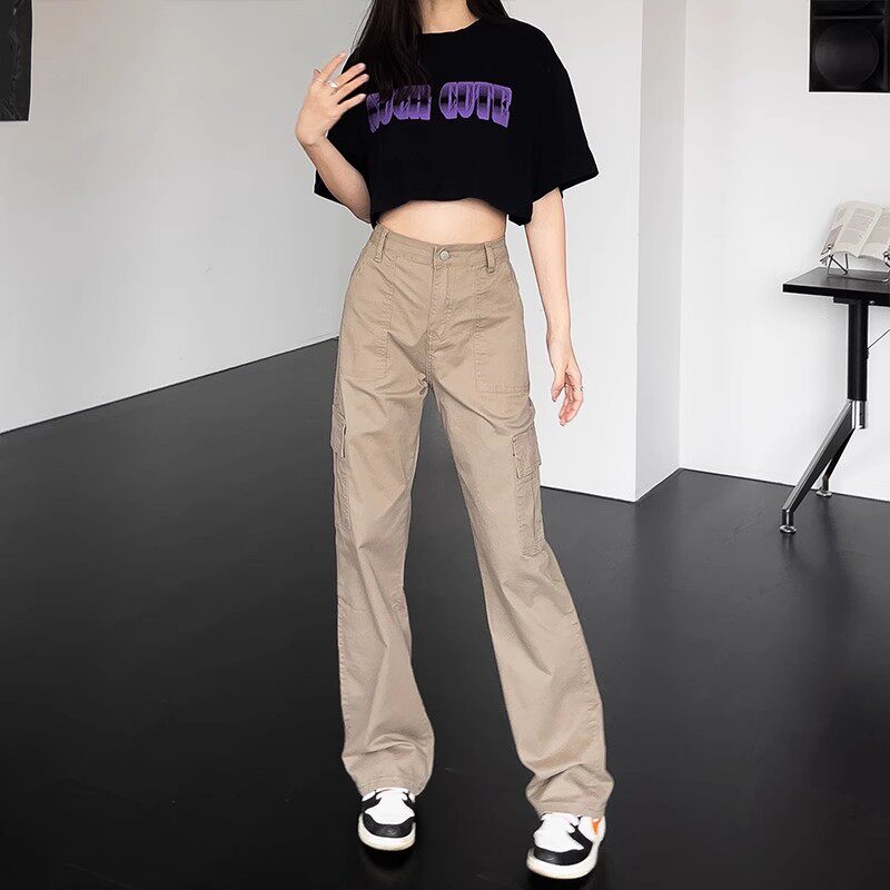 卡其工装裤女款2025早春秋夏小个子美式复古休闲高腰窄版直筒牛仔