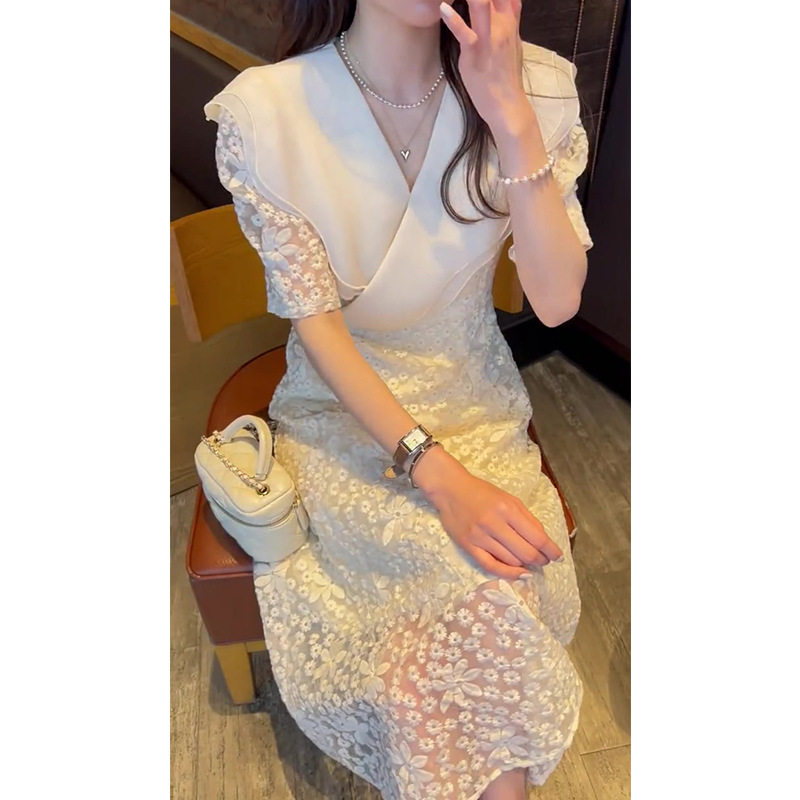 FAshi 2023夏季新款法式超仙女白色蕾丝连衣裙绣花气质优雅长裙子