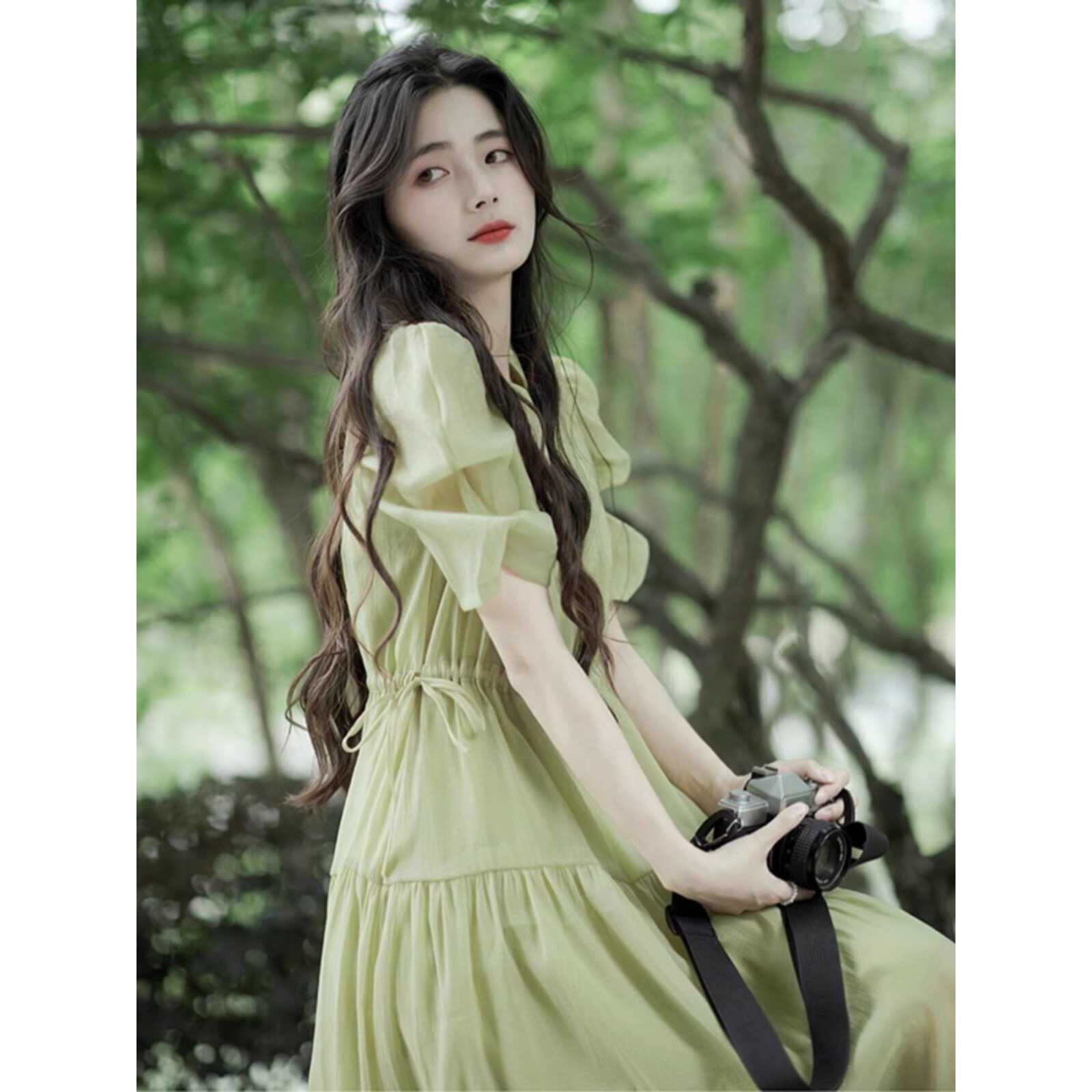 FAshi 泡泡袖绿色连衣裙女夏超仙森系纯欲法式初恋甜美茶歇长裙子