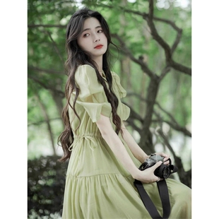 FAshi 初恋甜美茶歇长裙子 泡泡袖 绿色连衣裙女夏超仙森系纯欲法式