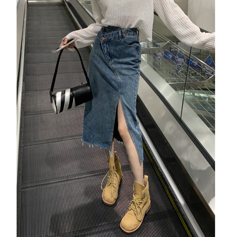 设计感斜扣开叉牛仔半身裙女2025春夏新款韩版气质高腰包臀中长裙