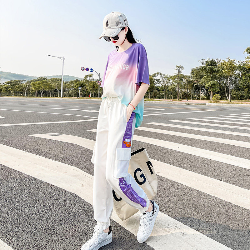 潮牌2024夏季新款女装宽松运动套装女减龄显瘦渐变工装裤两件套