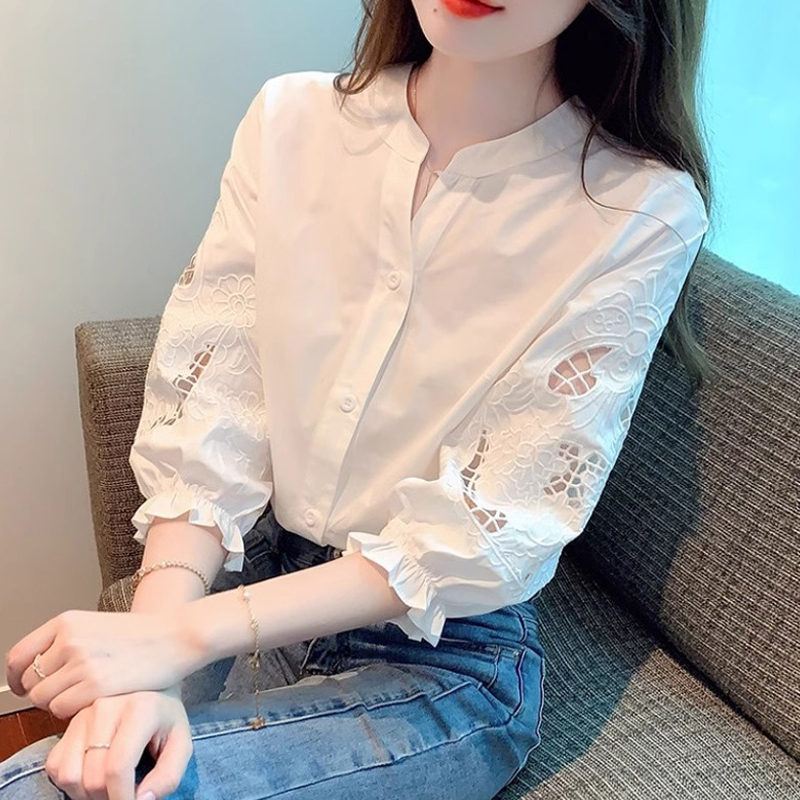 白色泡泡灯笼短袖衬衫女夏季薄款重工刺绣七分袖衬衣法式雪纺上衣