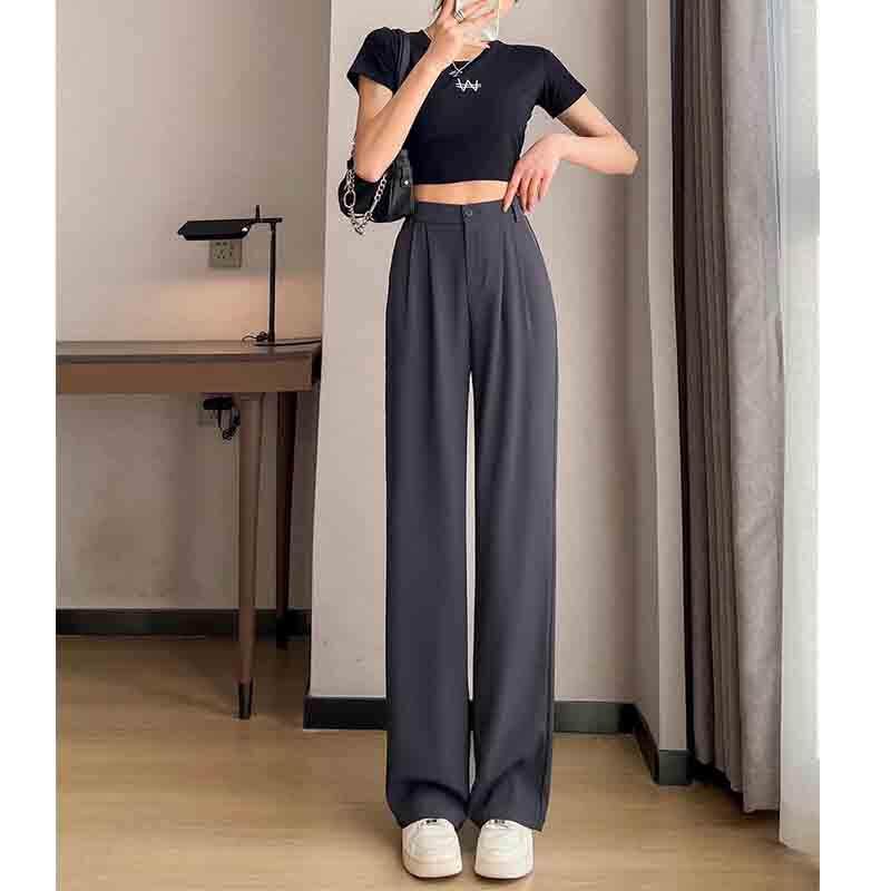 韩版冰丝阔腿裤女夏季薄款2024新款高腰垂感直筒小个子窄版西装裤