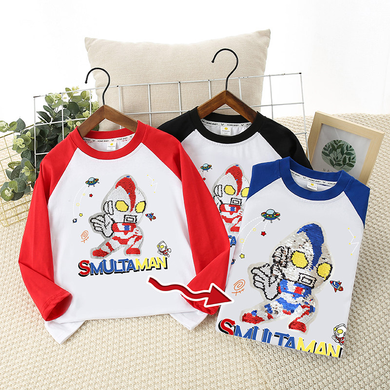 品牌清仓特价撤柜清仓男童纯棉插肩长袖T恤奥特曼亮片帅气上衣服