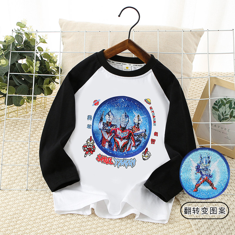 品牌清仓特价撤柜清仓春秋男童纯棉长袖T恤奥特曼亮片儿童上衣服