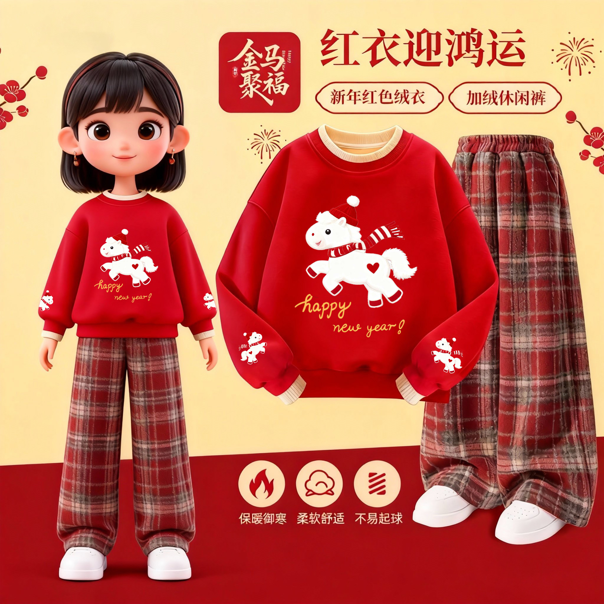品牌折扣特价撤柜童装马年套装女童加绒卫衣秋冬新年服红色两件套