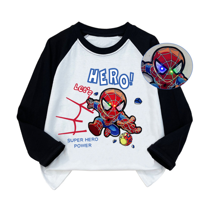 男童插肩袖奥特曼亮灯t恤春秋长袖儿童时髦撞色纯棉上衣服打底衫