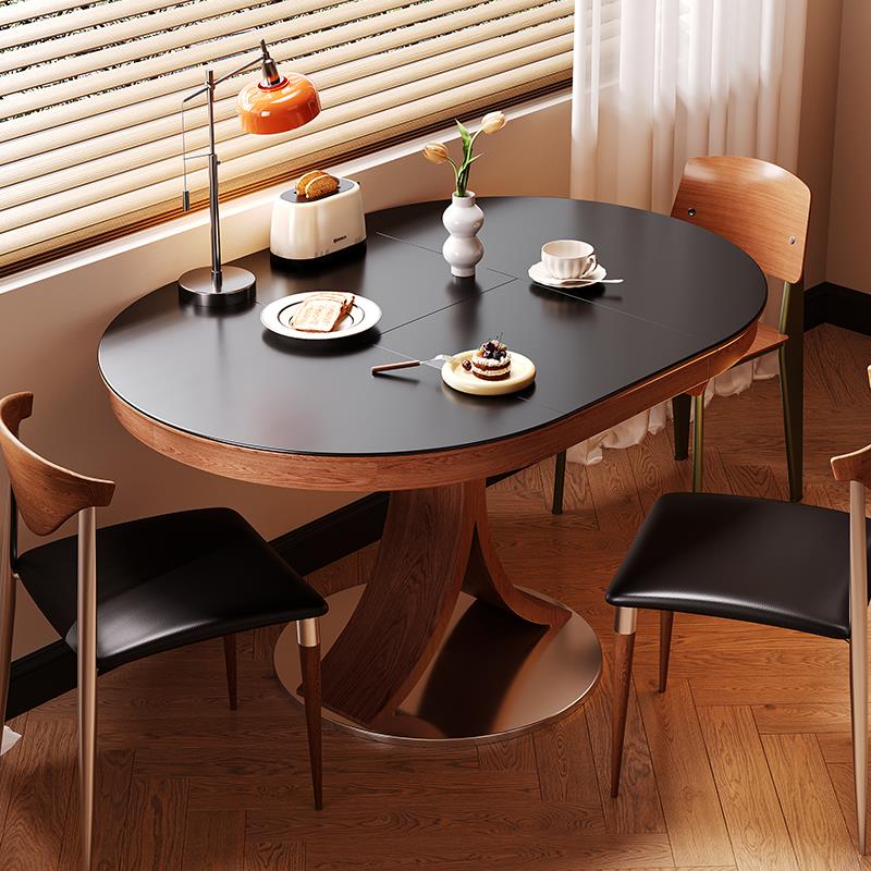 岩板餐桌覆古实木伸缩椭圆折叠圆桌家用小户型中古风阳台休闲 桌