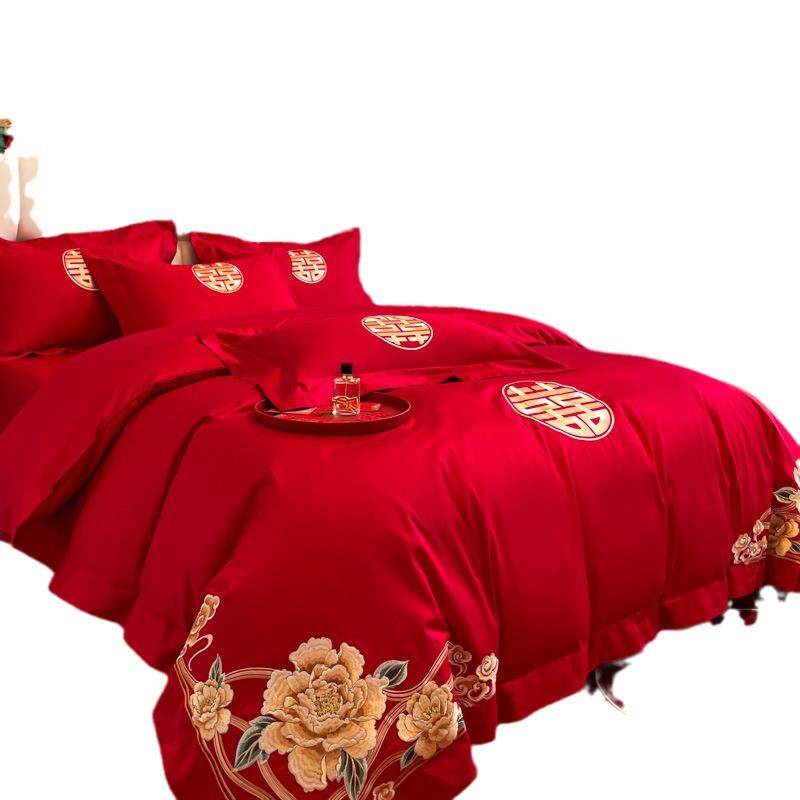 高档刺绣结婚四件套纯棉中式被套全棉喜庆新婚婚庆陪嫁床上用品