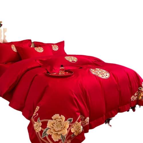 高档刺绣结婚四件套纯棉中式被套全棉喜庆新婚婚庆陪嫁床上用品