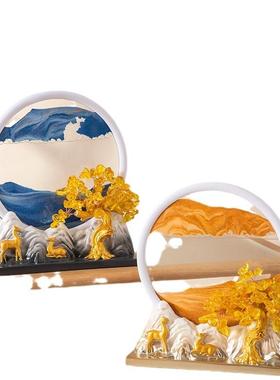 轻奢圆形3D流沙画摆件金色超薄边框山水流沙创意礼品沙漏画工艺品