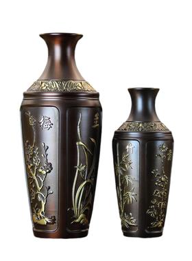 黄铜梅兰竹菊花瓶客厅书房玄关创意铜摆件铜工艺品