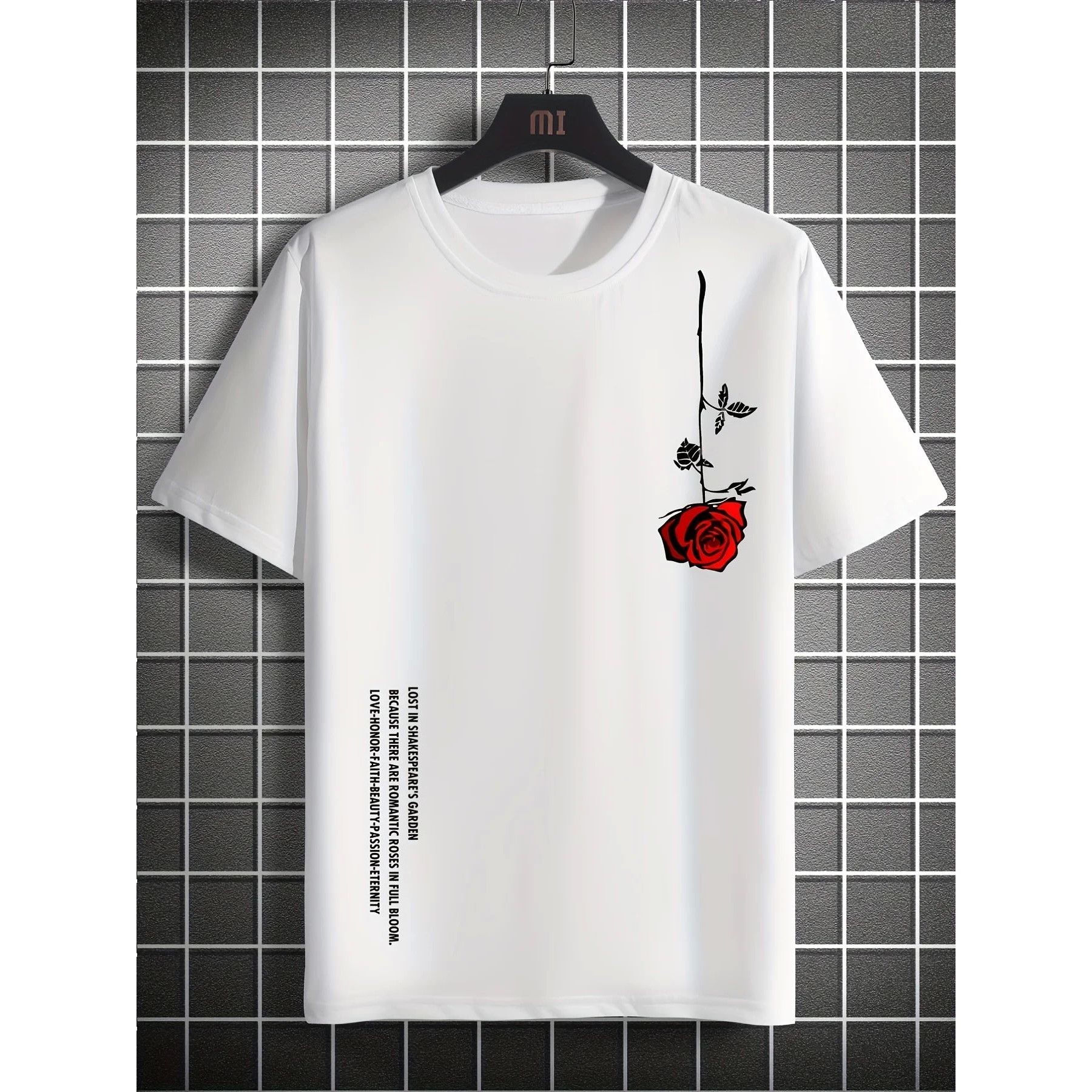 Simple round neck rose print T-shirt top 简约圆领玫瑰印花T恤