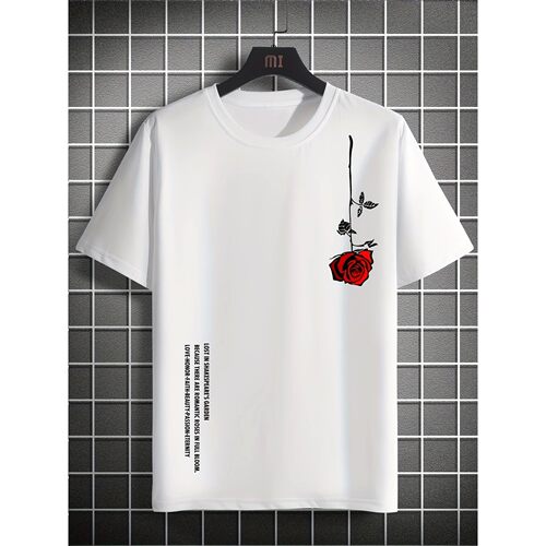 Simple round neck rose print T-shirt top 简约圆领玫瑰印花T恤
