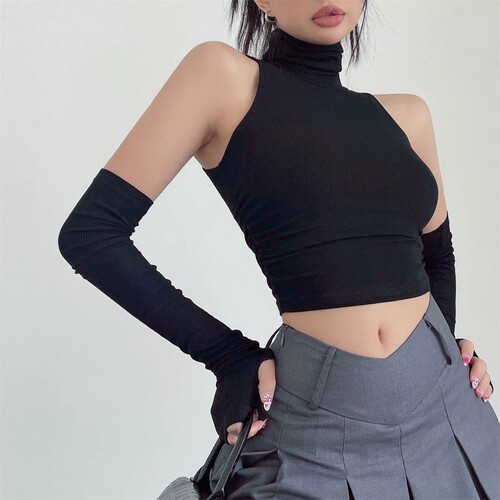 High neck crop top without sleeves黑色高领收腰背心短款上衣女