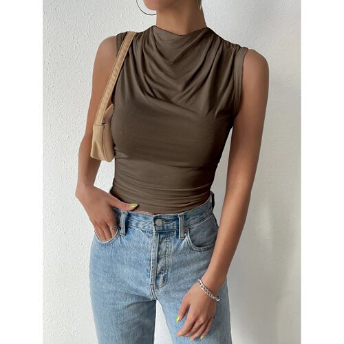 Solid color pleated semi high neck top纯色褶皱半高领无袖上衣