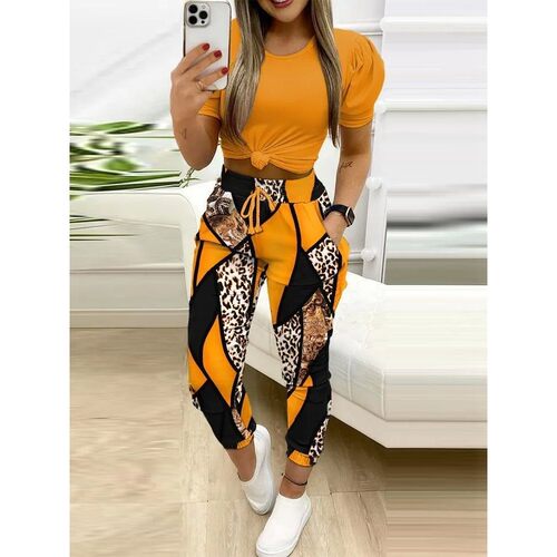 Printed drawstring pants two-piece set印花抽绳长裤两件套装女