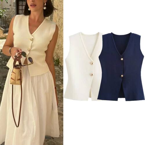 V-neck button cinched sleeveless cardiganV领纽扣收腰无袖开衫
