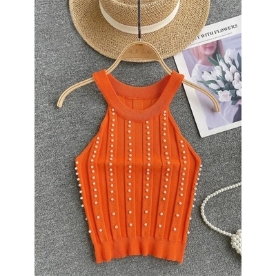 Knitted neck hanging off shoulder top woman 圆领挂脖露肩上衣