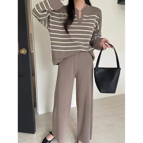Striped shirt high waisted wide pant set衬衫高腰阔腿裤两件套
