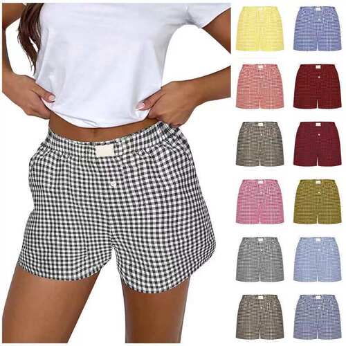 High waisted loose wide leg checkered shorts高腰宽松格子短裤