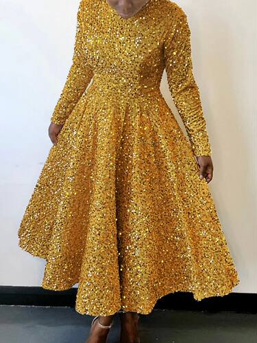 长袖亮片礼服大摆连衣裙