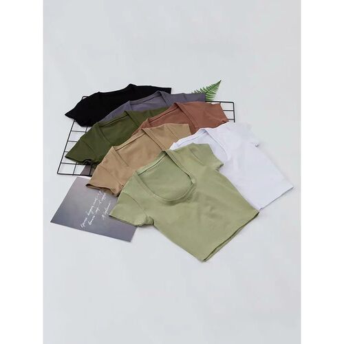 Solid color exposed navel short sleeved shirt纯色U领露脐背心