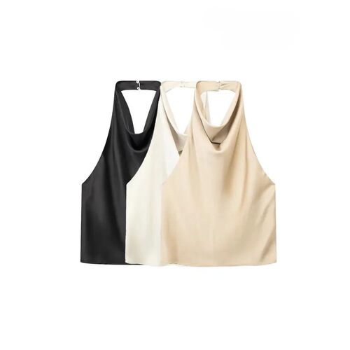 V-neck sleeveless top with hanging neck 纯色V领挂脖无袖上衣