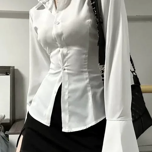 Sexy solid color slim waist cinching shirt纯色修身收腰衬衫女