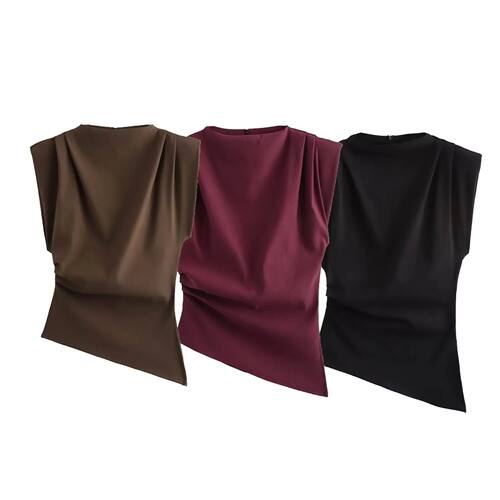 Irregular pleated sleeveless top for women不规则褶皱无袖上衣