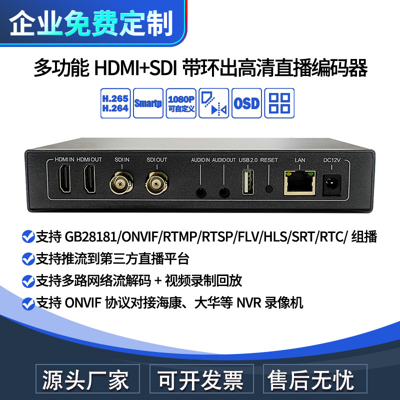 HDMI+SDI环出视频编码器RTMP直播RTSP局域网UDP组播H265 srt rtsp