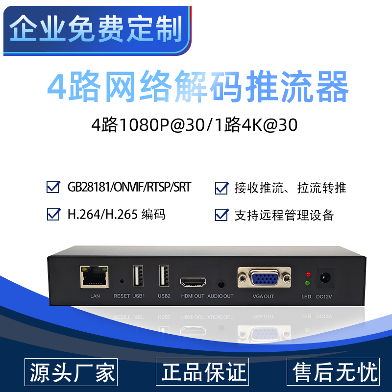 4路网络视频解码器 推流器 H265 转HDMI/VGA U盘转网络 视频上墙