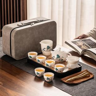 家用户外露营陶瓷功夫茶壶便携式 羊脂玉瓷旅行茶具套装 中秋节送礼