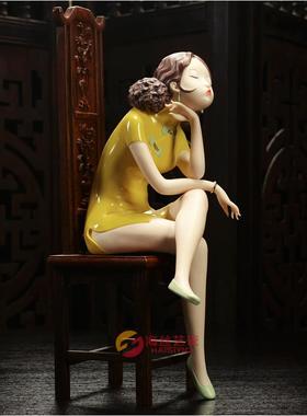 陶瓷彩色仕女摆件创意现代仕女居家玄关会所美女人物工艺品摆设