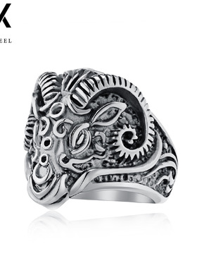 复古山羊头不锈钢戒指环男士个性