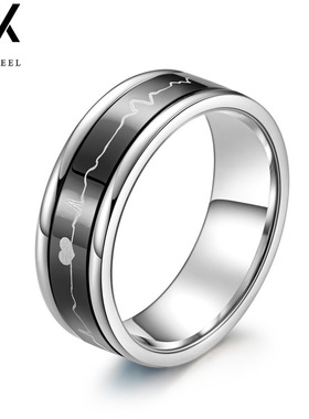 热销钛钢心电图可转动戒指韩版心