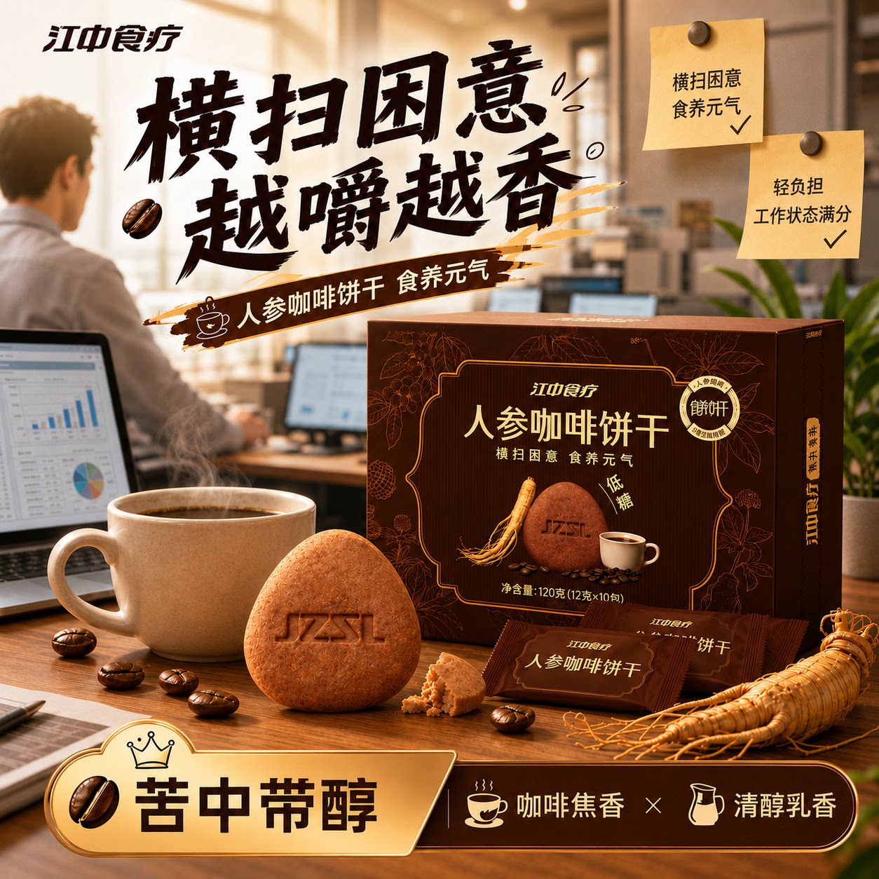 江中食疗人参咖啡饼干犯困下午茶焦香微苦健康零食低糖独立包装