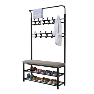简易衣帽架落地卧室门厅挂衣架鞋架D一体组合家用客厅玄关换鞋凳