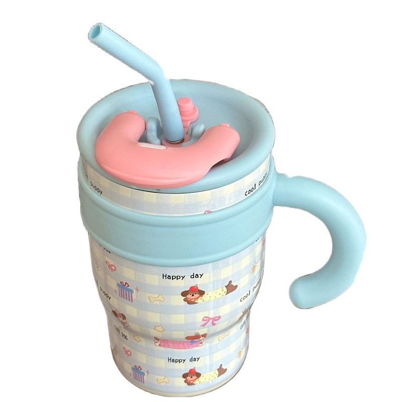 奶油配色!2024新款手柄巨无霸吸管杯便携316不锈钢W保温杯双饮杯