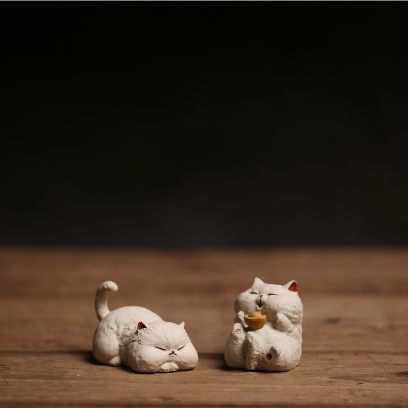 紫砂白泥元宝猫i懒懒猫茶桌小摆件摆设小茶宠茶玩原矿有趣送礼萌