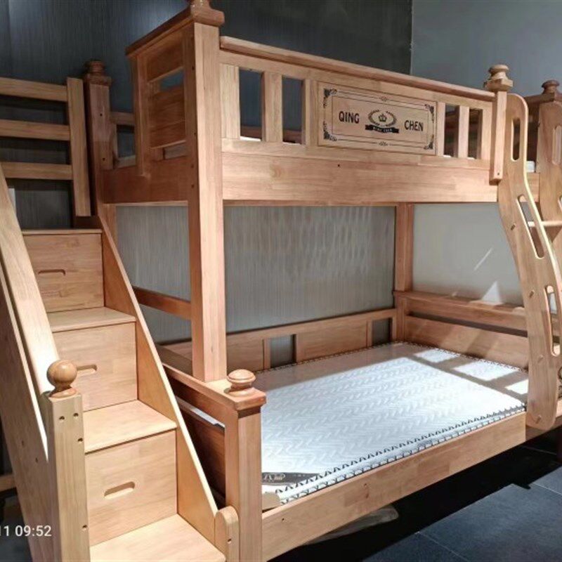 橡木全实木超粗床腿9*9子母儿童床上下双层护拦床带Z步梯柜挂梯