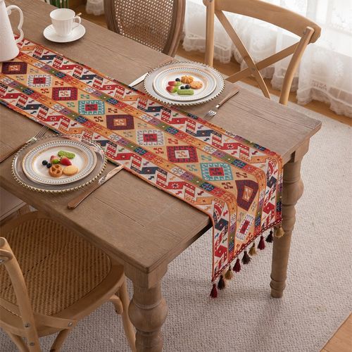 摩洛哥民族风红色几何提花流苏桌旗酒店民宿床旗T美式茶几长条盖