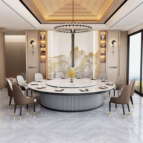 酒店电动餐桌大圆桌火锅桌u家用新款火锅桌子电磁炉一体岩板餐桌