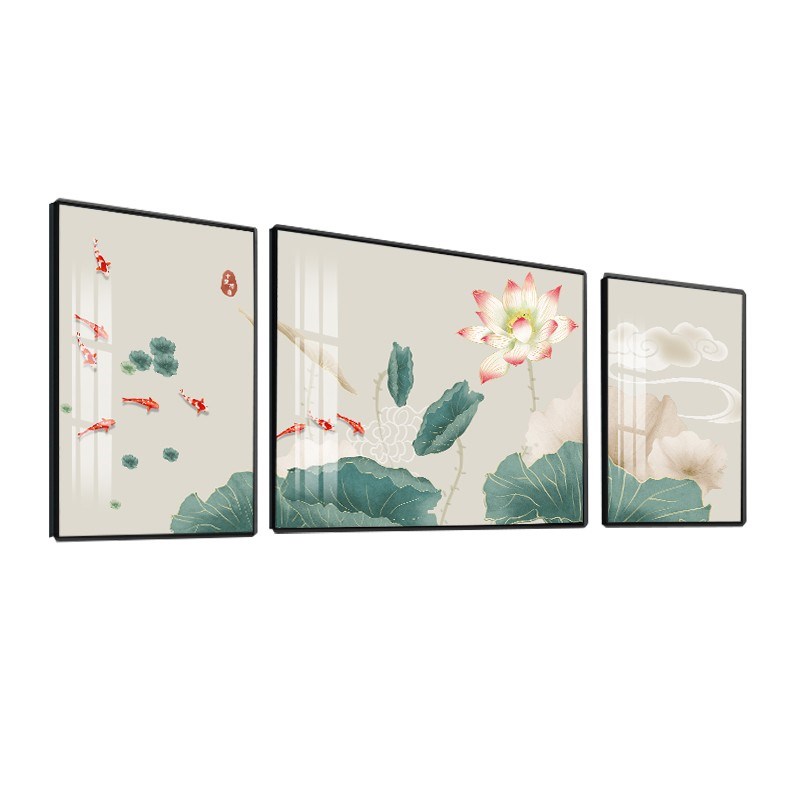 速发新中式客厅装饰画荷韵沙发背景墙面三联画九鱼图荷花组合挂画图片